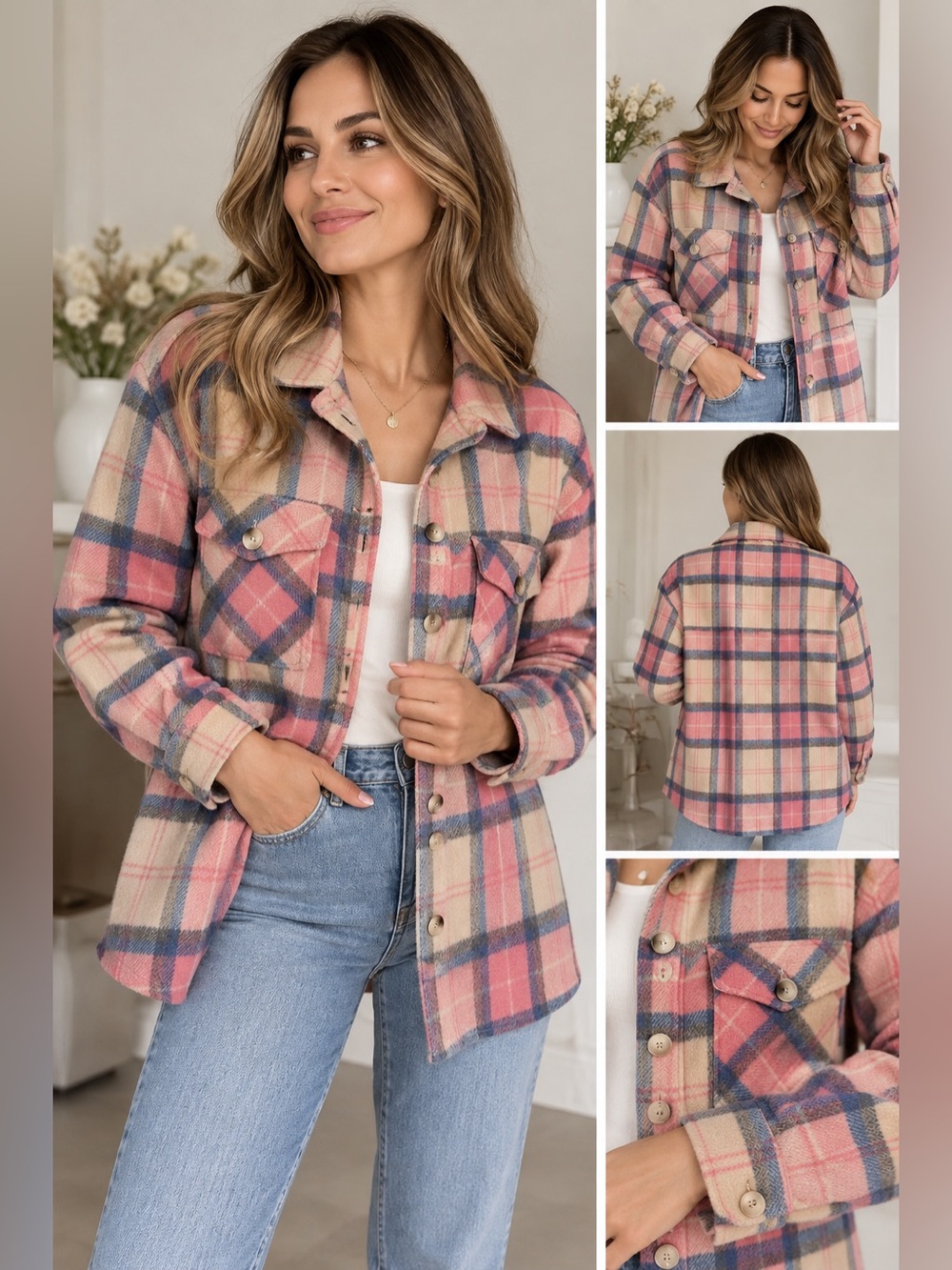 Central Park West Pink and Blue Plaid Button-Down Shacket Sz L/M